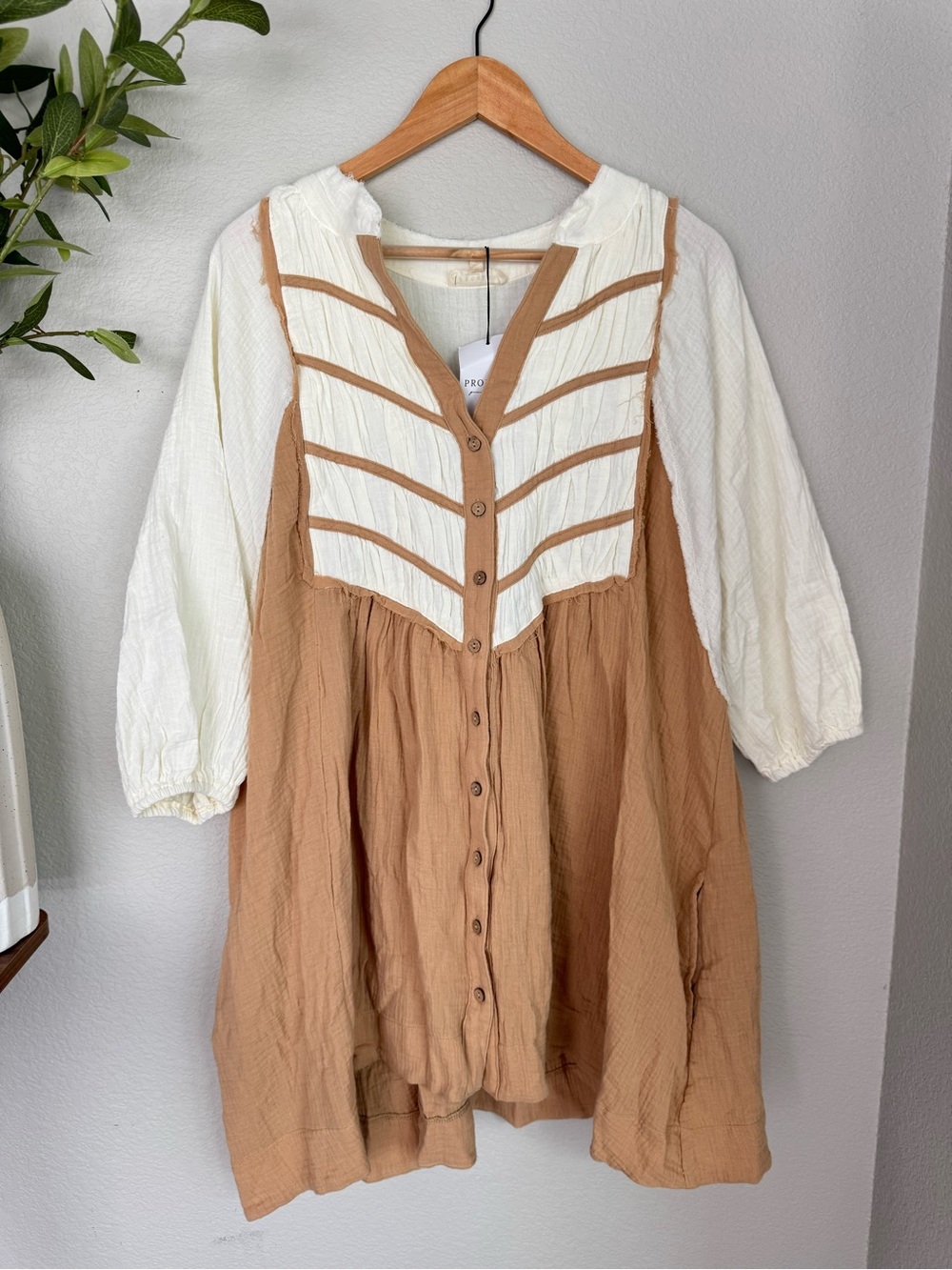 Promesa Cotton Gauze Smock Mini Dress L Tan Ivory Boho Cottagecore NWT